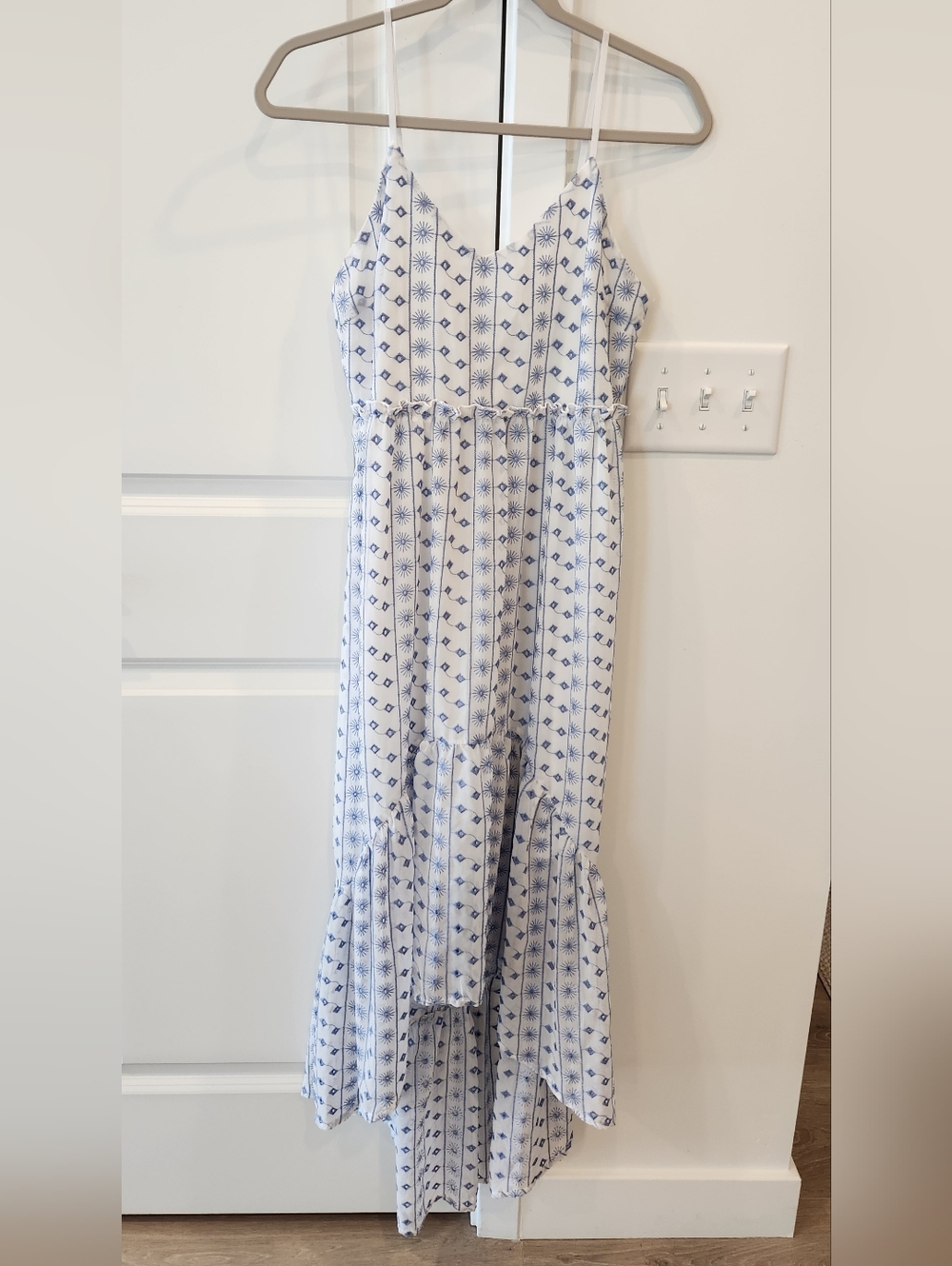 miami White and Blue Printed Spaghetti-Strap Maxi Dress
